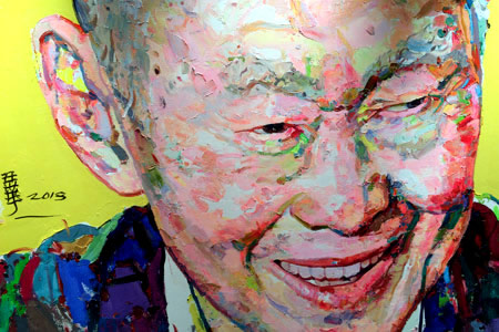 Modern oil portrait of former Singapore Prime Minister Lee Kuan Yew flashing a rare smile.